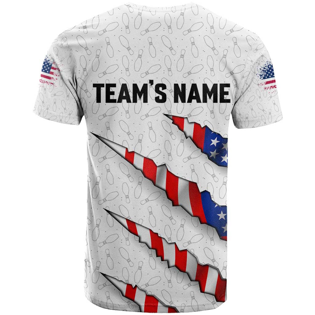 Personalized American Flag Bowling Team T Shirt Pins and Ball Torn Stripes and Patterned White - Wonder Print Shop