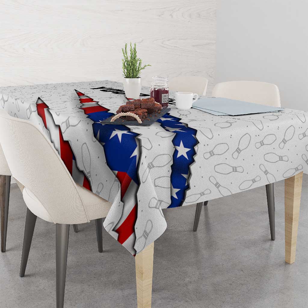 Personalized American Flag Bowling Team Tablecloth Pins and Ball Torn Stripes and Patterned White - Wonder Print Shop