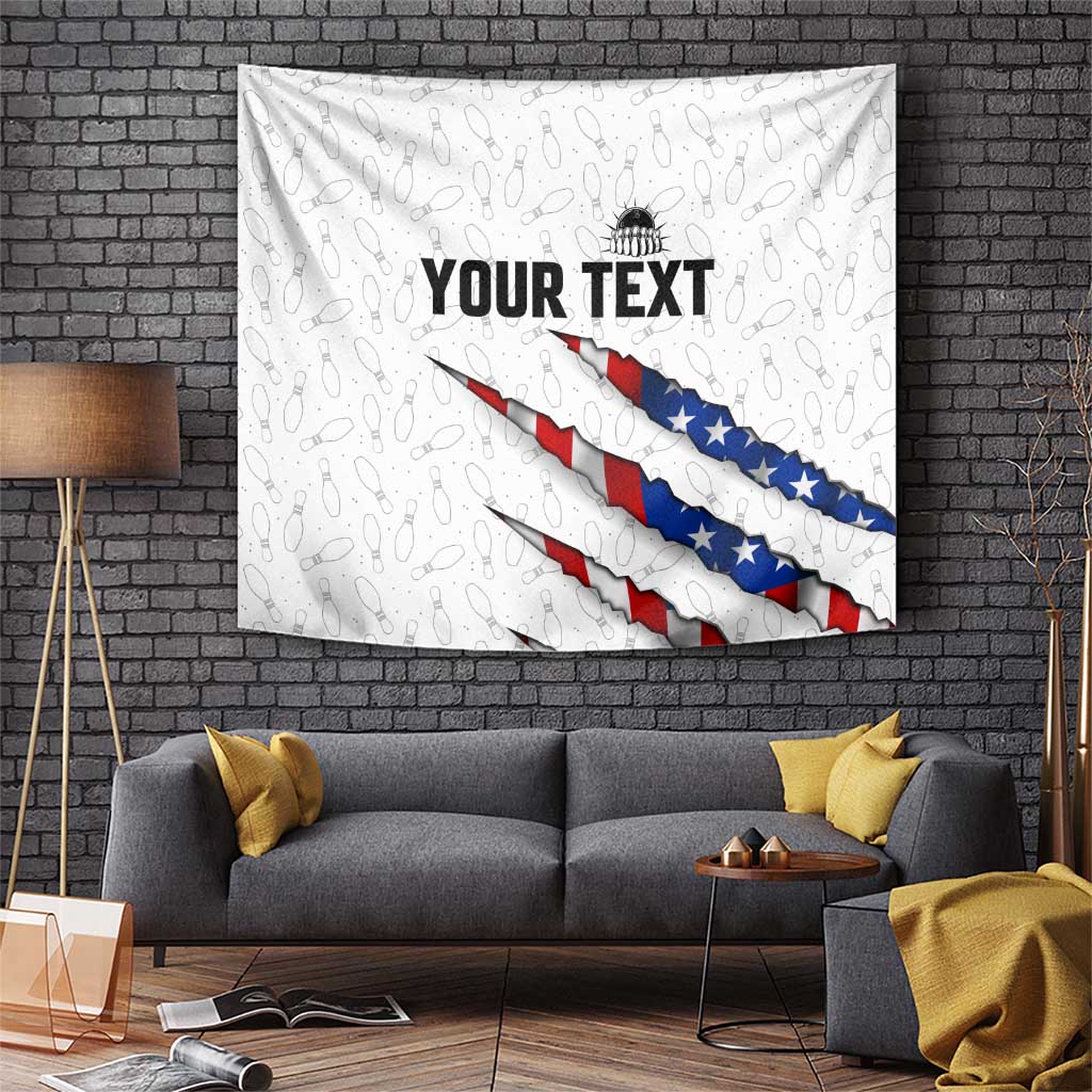 Personalized American Flag Bowling Team Tapestry Pins and Ball Torn Stripes and Patterned White - Wonder Print Shop