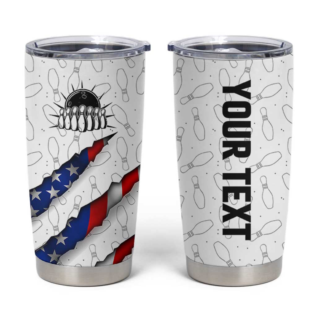 Personalized American Flag Bowling Team Tumbler Cup Pins and Ball Torn Stripes and Patterned White - Wonder Print Shop