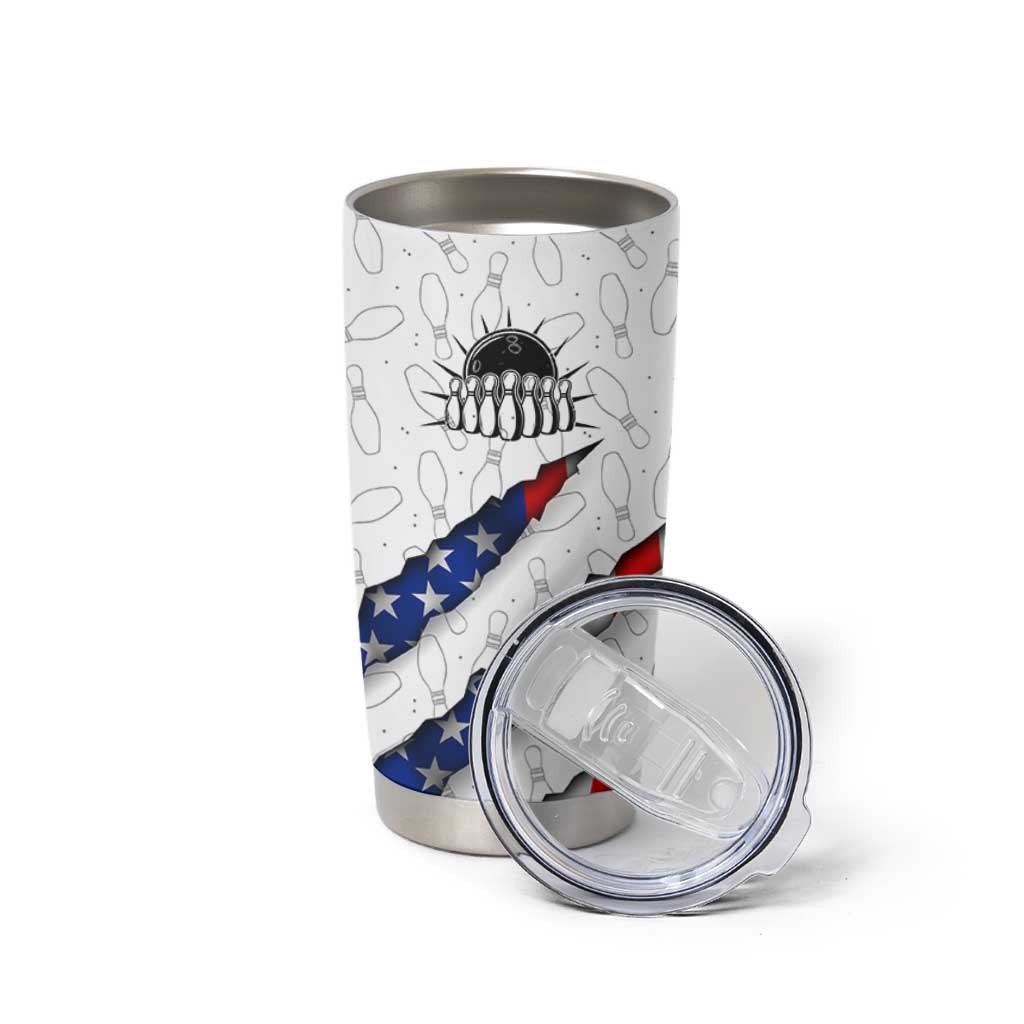 Personalized American Flag Bowling Team Tumbler Cup Pins and Ball Torn Stripes and Patterned White - Wonder Print Shop
