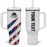 Personalized American Flag Bowling Team Tumbler With Handle Pins and Ball Torn Stripes and Patterned White - Wonder Print Shop