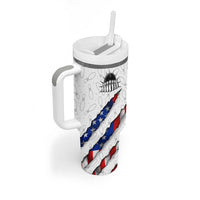 Personalized American Flag Bowling Team Tumbler With Handle Pins and Ball Torn Stripes and Patterned White - Wonder Print Shop
