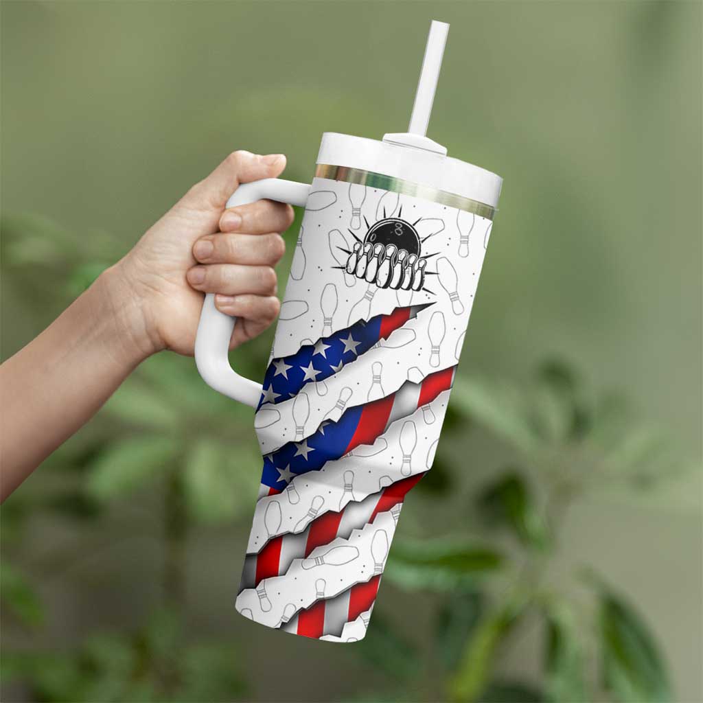 Personalized American Flag Bowling Team Tumbler With Handle Pins and Ball Torn Stripes and Patterned White - Wonder Print Shop