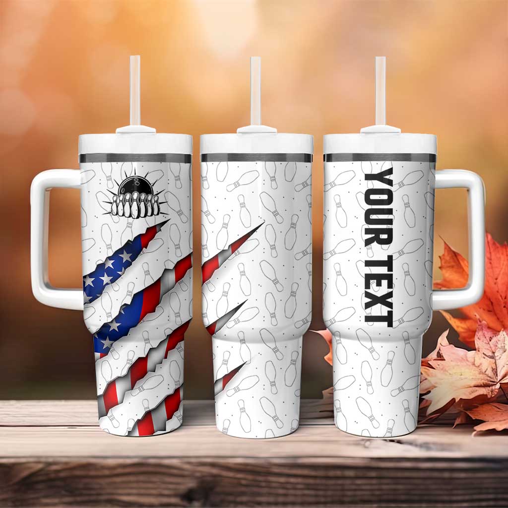Personalized American Flag Bowling Team Tumbler With Handle Pins and Ball Torn Stripes and Patterned White - Wonder Print Shop