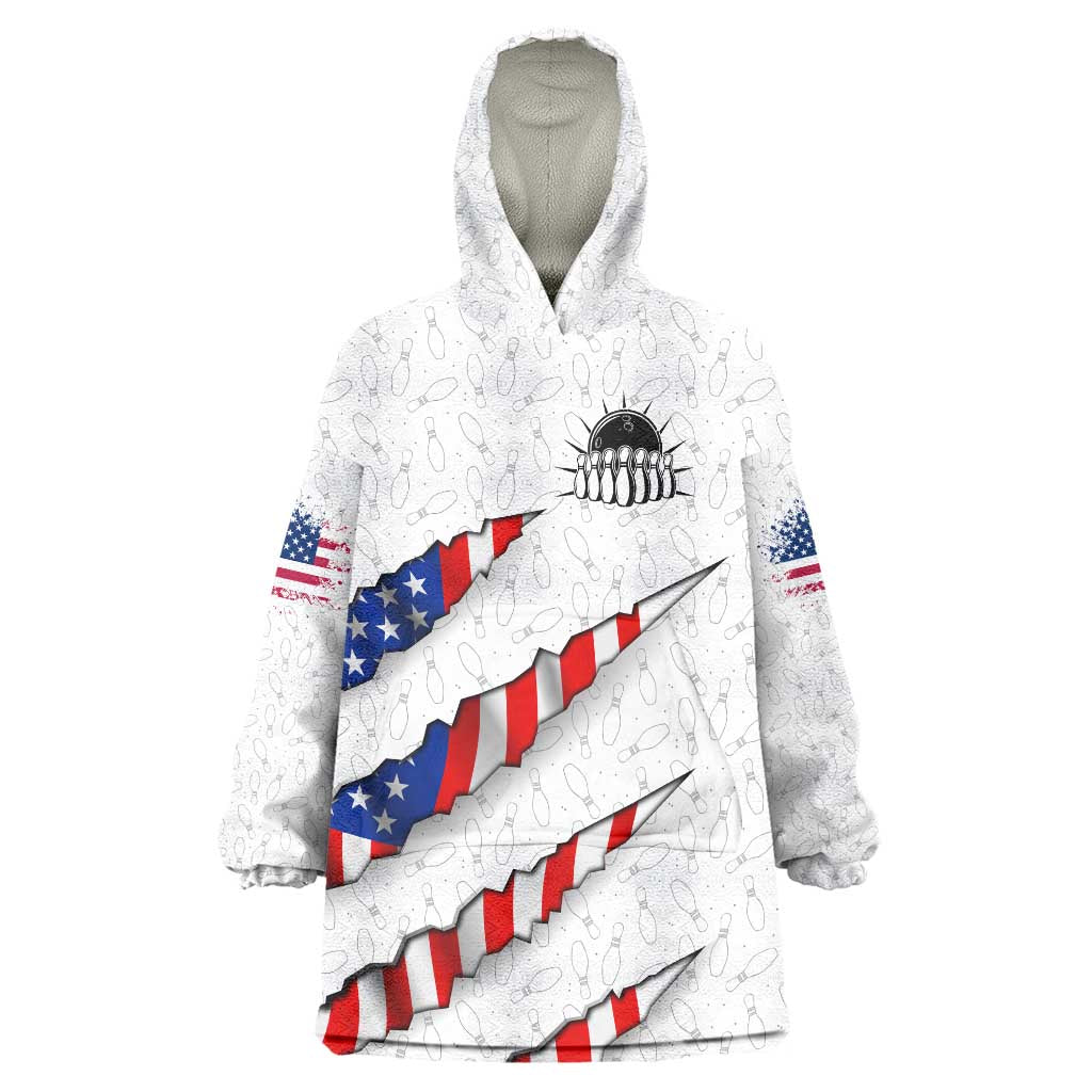 Personalized American Flag Bowling Team Wearable Blanket Hoodie Pins and Ball Torn Stripes and Patterned White - Wonder Print Shop