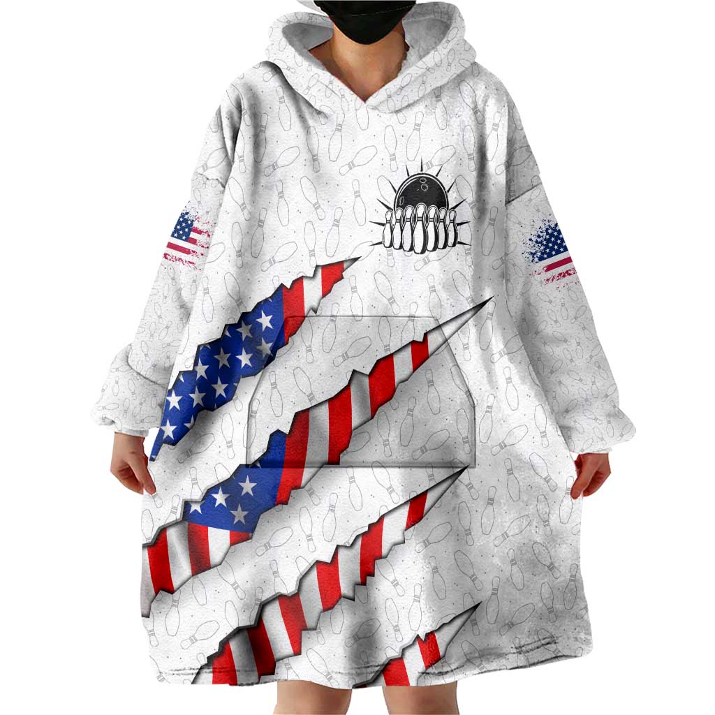 Personalized American Flag Bowling Team Wearable Blanket Hoodie Pins and Ball Torn Stripes and Patterned White - Wonder Print Shop