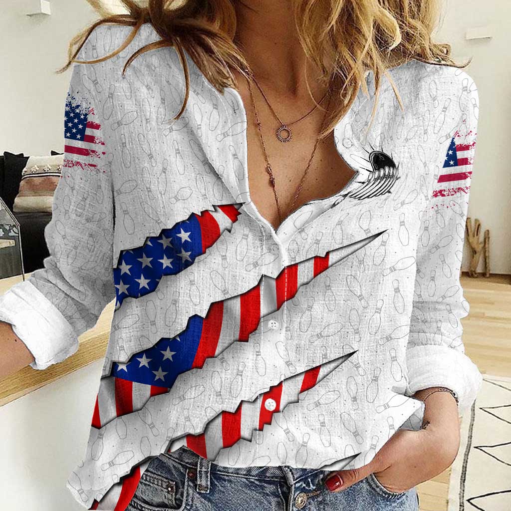 Personalized American Flag Bowling Team Women Casual Shirt Pins and Ball Torn Stripes and Patterned White - Wonder Print Shop