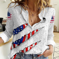 Personalized American Flag Bowling Team Women Casual Shirt Pins and Ball Torn Stripes and Patterned White - Wonder Print Shop