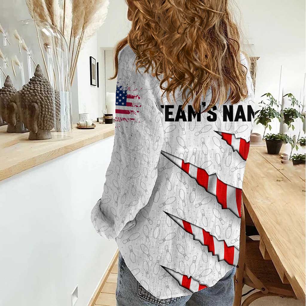 Personalized American Flag Bowling Team Women Casual Shirt Pins and Ball Torn Stripes and Patterned White - Wonder Print Shop