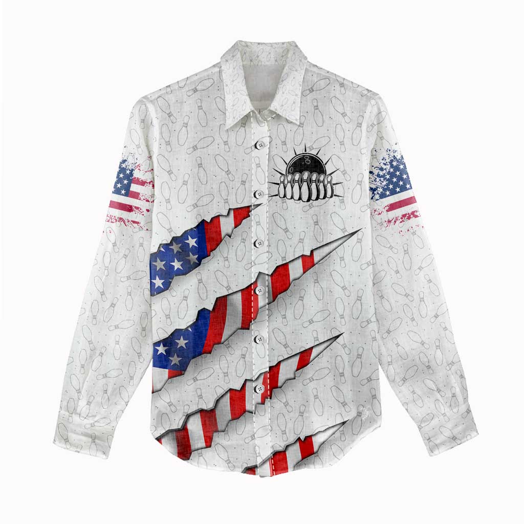 Personalized American Flag Bowling Team Women Casual Shirt Pins and Ball Torn Stripes and Patterned White - Wonder Print Shop