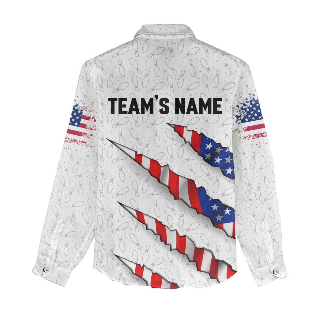 Personalized American Flag Bowling Team Women Casual Shirt Pins and Ball Torn Stripes and Patterned White - Wonder Print Shop