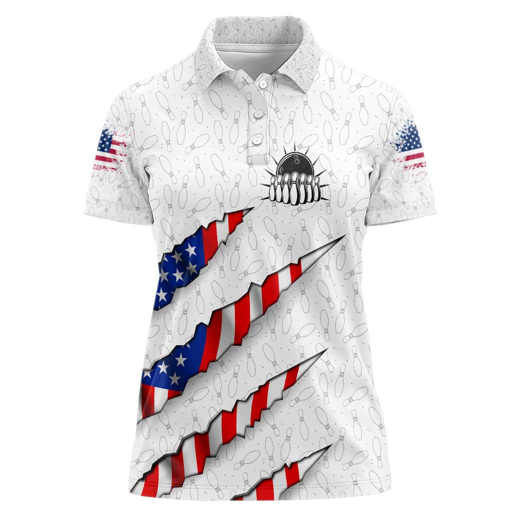 Personalized American Flag Bowling Team Women Polo Shirt Pins and Ball Torn Stripes and Patterned White - Wonder Print Shop