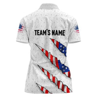 Personalized American Flag Bowling Team Women Polo Shirt Pins and Ball Torn Stripes and Patterned White - Wonder Print Shop