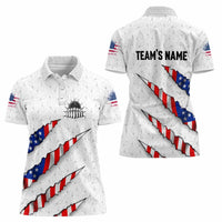 Personalized American Flag Bowling Team Women Polo Shirt Pins and Ball Torn Stripes and Patterned White - Wonder Print Shop