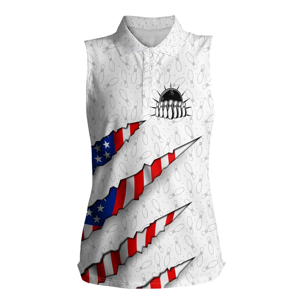 Personalized American Flag Bowling Team Women Sleeveless Polo Shirt Pins and Ball Torn Stripes and Patterned White - Wonder Print Shop