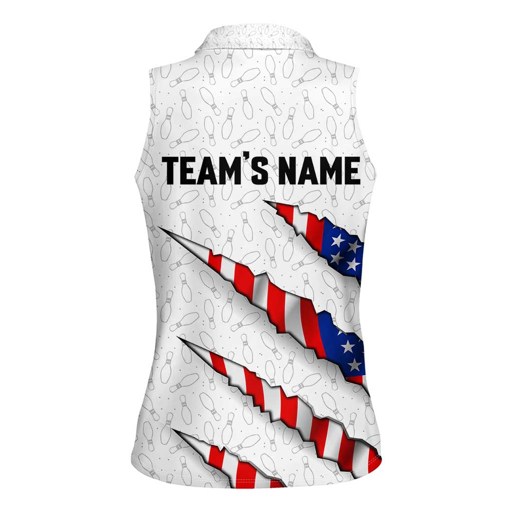 Personalized American Flag Bowling Team Women Sleeveless Polo Shirt Pins and Ball Torn Stripes and Patterned White - Wonder Print Shop
