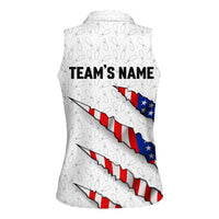 Personalized American Flag Bowling Team Women Sleeveless Polo Shirt Pins and Ball Torn Stripes and Patterned White - Wonder Print Shop