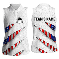 Personalized American Flag Bowling Team Women Sleeveless Polo Shirt Pins and Ball Torn Stripes and Patterned White - Wonder Print Shop