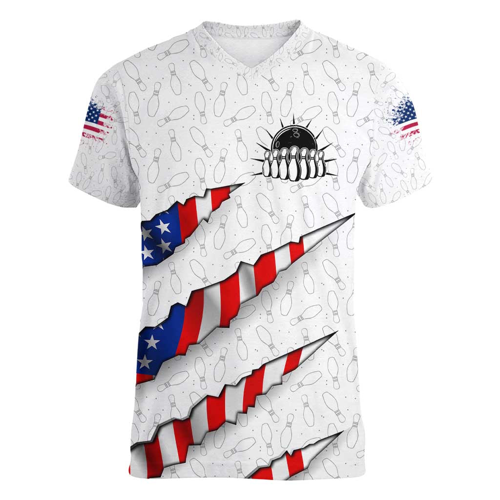 Personalized American Flag Bowling Team Women V-Neck T-Shirt Pins and Ball Torn Stripes and Patterned White - Wonder Print Shop