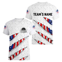 Personalized American Flag Bowling Team Women V-Neck T-Shirt Pins and Ball Torn Stripes and Patterned White - Wonder Print Shop