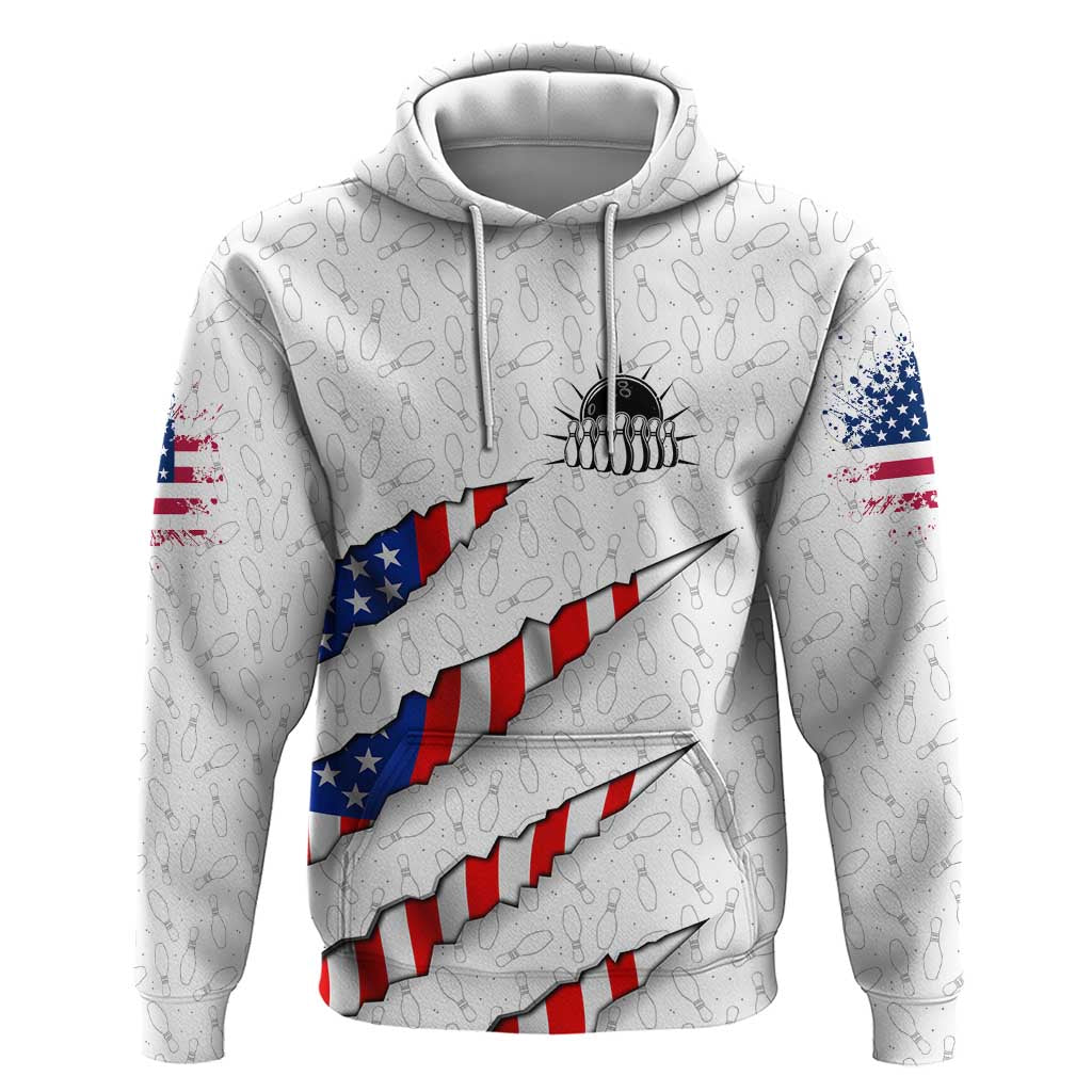 Personalized American Flag Bowling Team Zip Hoodie Pins and Ball Torn Stripes and Patterned White - Wonder Print Shop