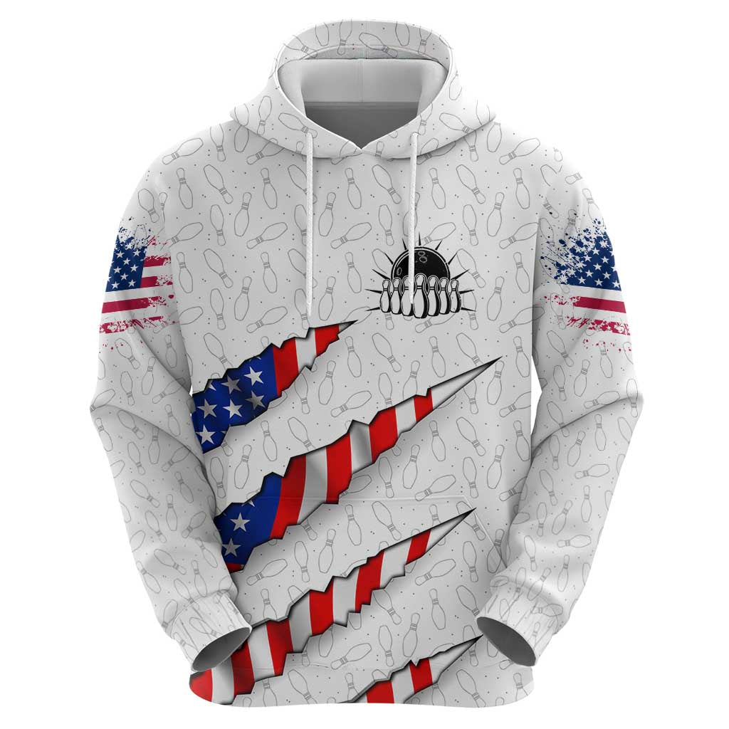 Personalized American Flag Bowling Team Zip Hoodie Pins and Ball Torn Stripes and Patterned White - Wonder Print Shop