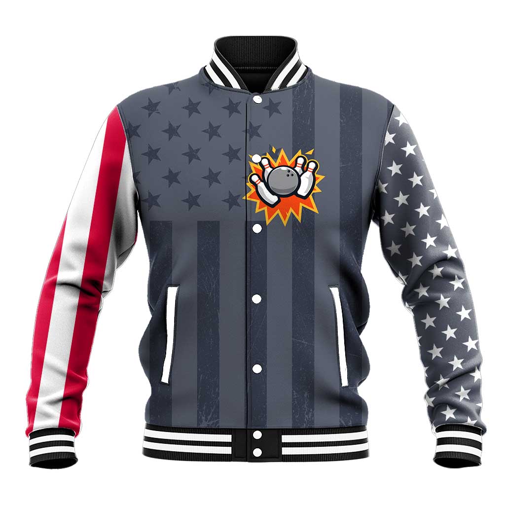 Custom Bowling Ball and Pins Baseball Jacket American Flag Stars and Stripes in Grunge Patriotic - Wonder Print Shop