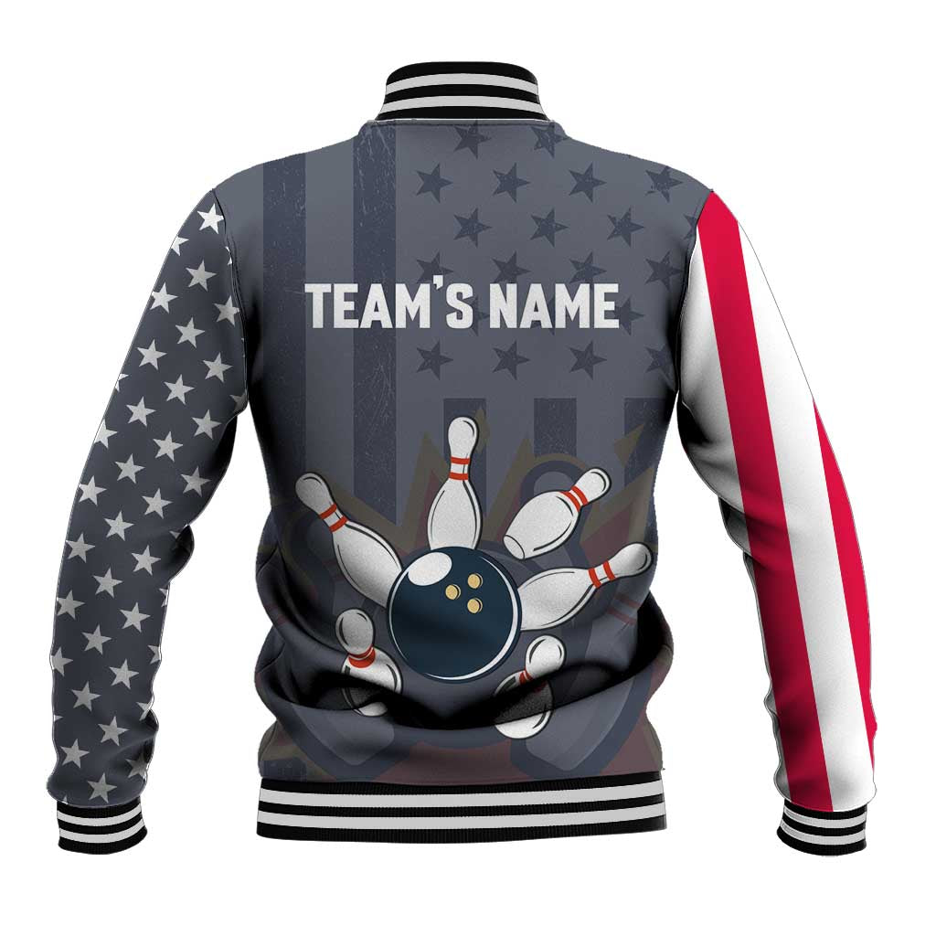 Custom Bowling Ball and Pins Baseball Jacket American Flag Stars and Stripes in Grunge Patriotic - Wonder Print Shop