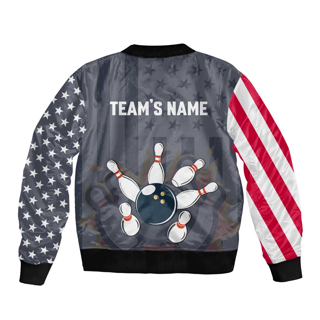 Custom Bowling Ball and Pins Bomber Jacket American Flag Stars and Stripes in Grunge Patriotic - Wonder Print Shop