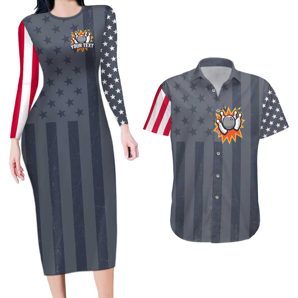 Custom Bowling Ball and Pins Couples Matching Long Sleeve Bodycon Dress and Hawaiian Shirt American Flag Stars and Stripes in Grunge Patriotic - Wonder Print Shop