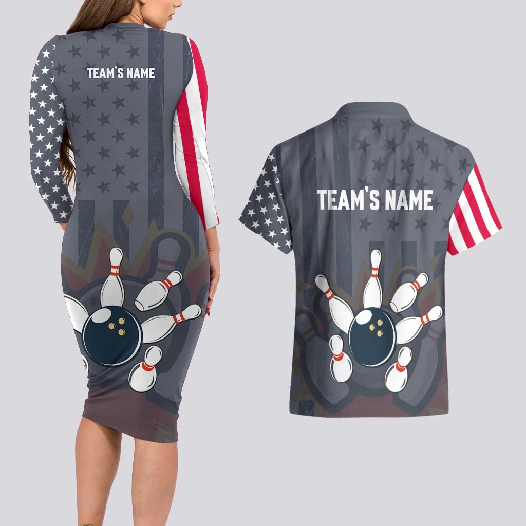 Custom Bowling Ball and Pins Couples Matching Long Sleeve Bodycon Dress and Hawaiian Shirt American Flag Stars and Stripes in Grunge Patriotic - Wonder Print Shop