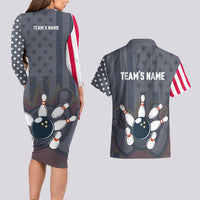 Custom Bowling Ball and Pins Couples Matching Long Sleeve Bodycon Dress and Hawaiian Shirt American Flag Stars and Stripes in Grunge Patriotic - Wonder Print Shop