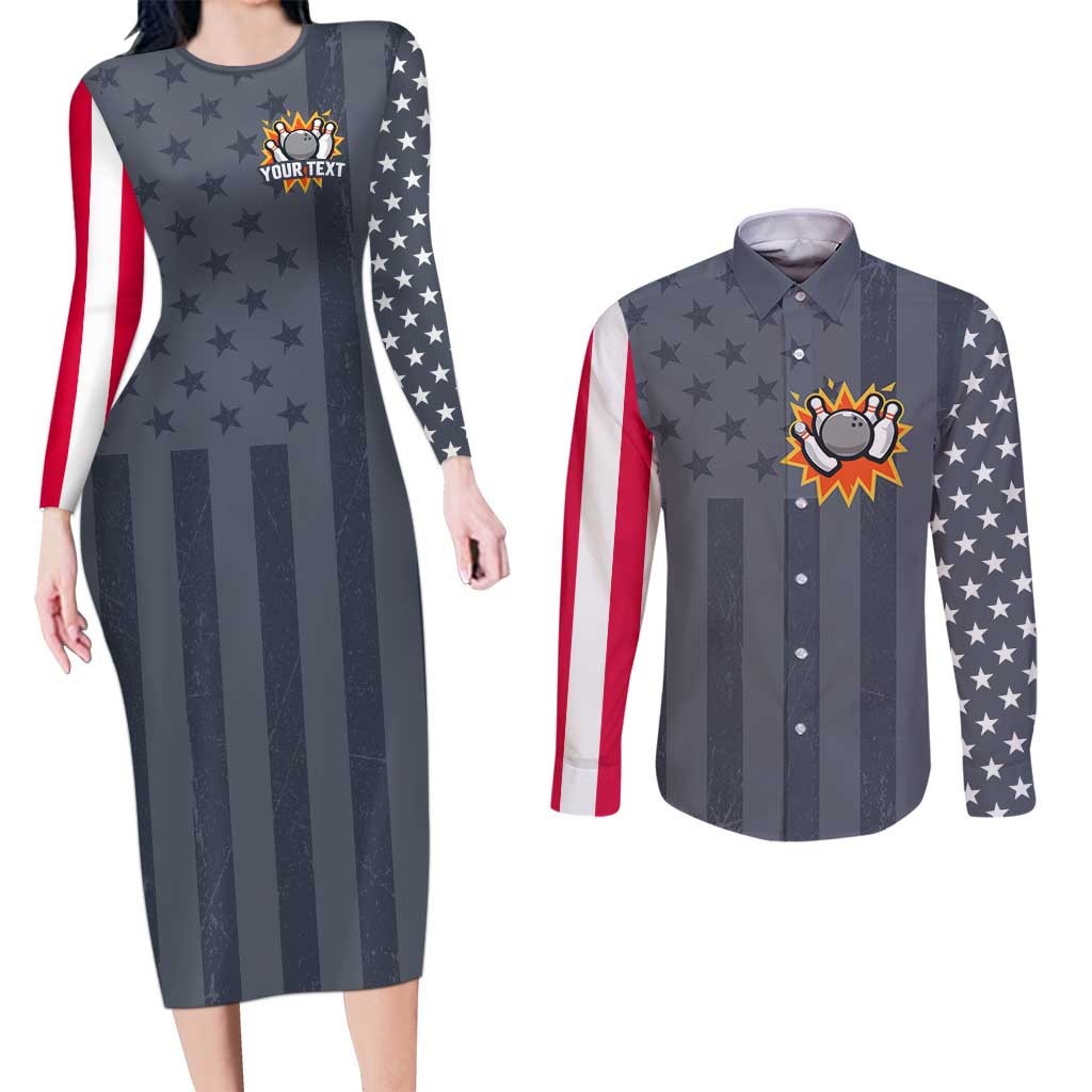 Custom Bowling Ball and Pins Couples Matching Long Sleeve Bodycon Dress and Long Sleeve Button Shirt American Flag Stars and Stripes in Grunge Patriotic - Wonder Print Shop