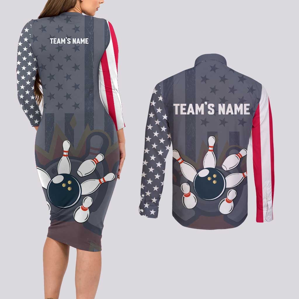 Custom Bowling Ball and Pins Couples Matching Long Sleeve Bodycon Dress and Long Sleeve Button Shirt American Flag Stars and Stripes in Grunge Patriotic - Wonder Print Shop