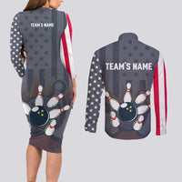 Custom Bowling Ball and Pins Couples Matching Long Sleeve Bodycon Dress and Long Sleeve Button Shirt American Flag Stars and Stripes in Grunge Patriotic - Wonder Print Shop