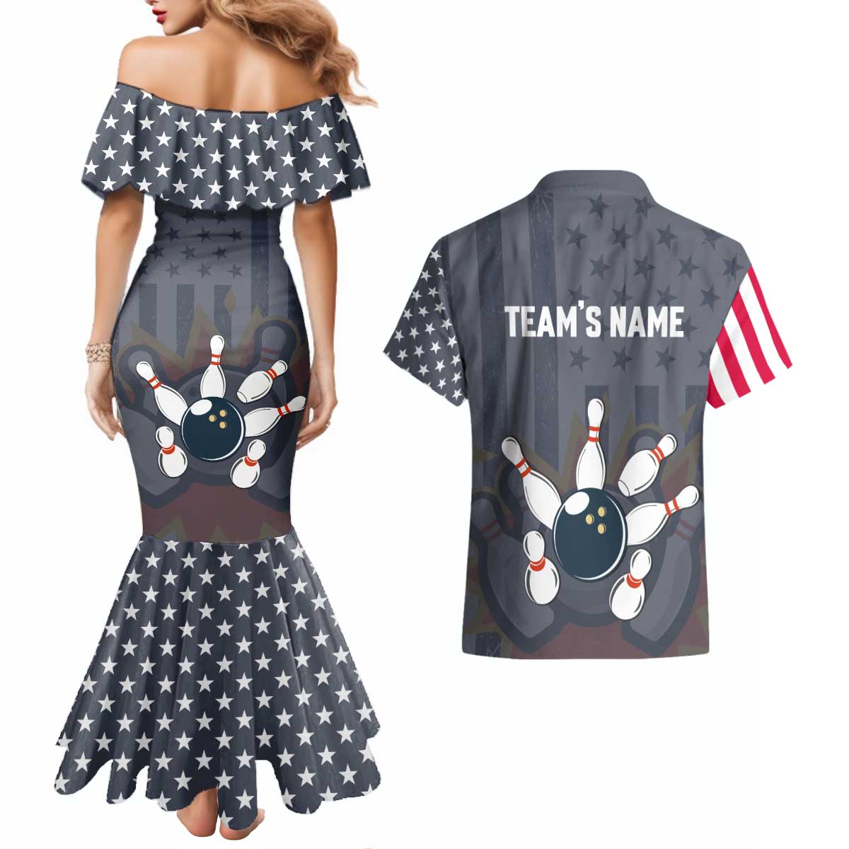 Custom Bowling Ball and Pins Couples Matching Mermaid Dress and Hawaiian Shirt American Flag Stars and Stripes in Grunge Patriotic - Wonder Print Shop