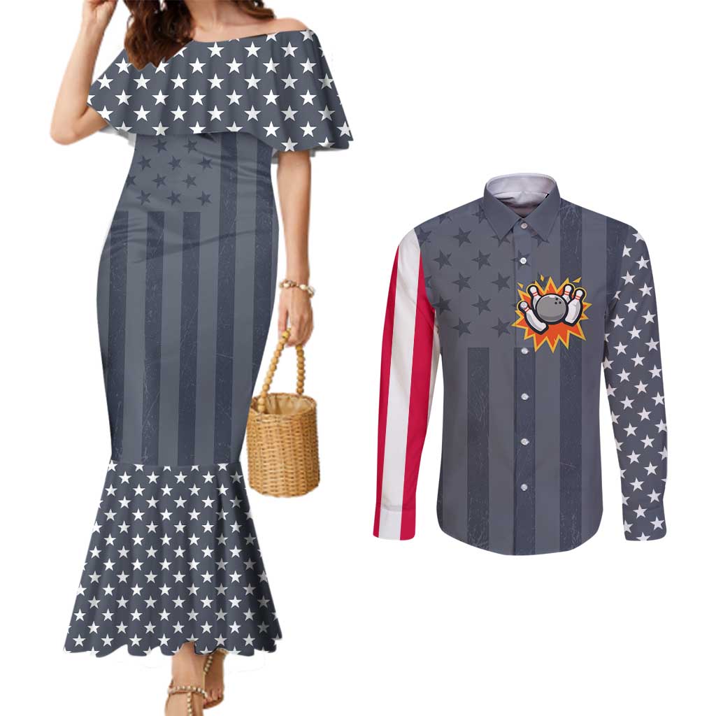 Custom Bowling Ball and Pins Couples Matching Mermaid Dress and Long Sleeve Button Shirt American Flag Stars and Stripes in Grunge Patriotic - Wonder Print Shop