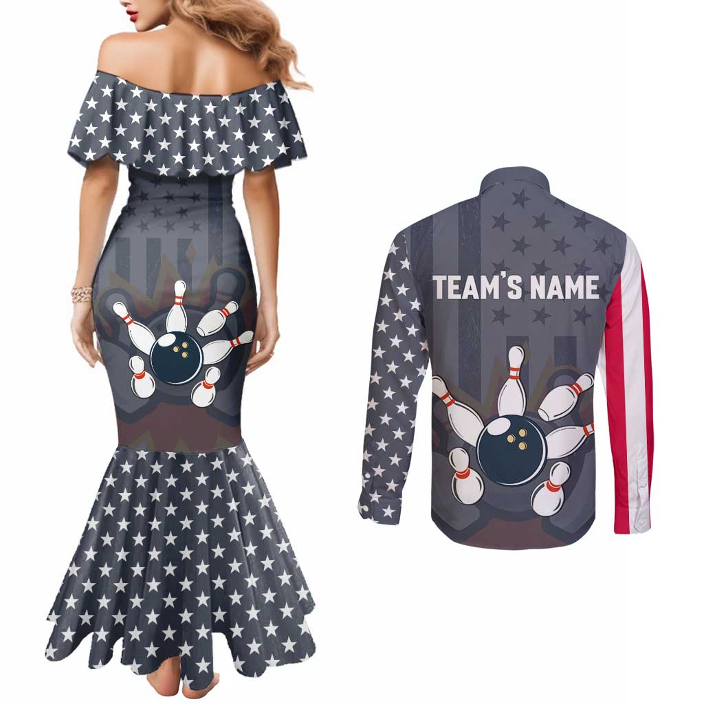 Custom Bowling Ball and Pins Couples Matching Mermaid Dress and Long Sleeve Button Shirt American Flag Stars and Stripes in Grunge Patriotic - Wonder Print Shop