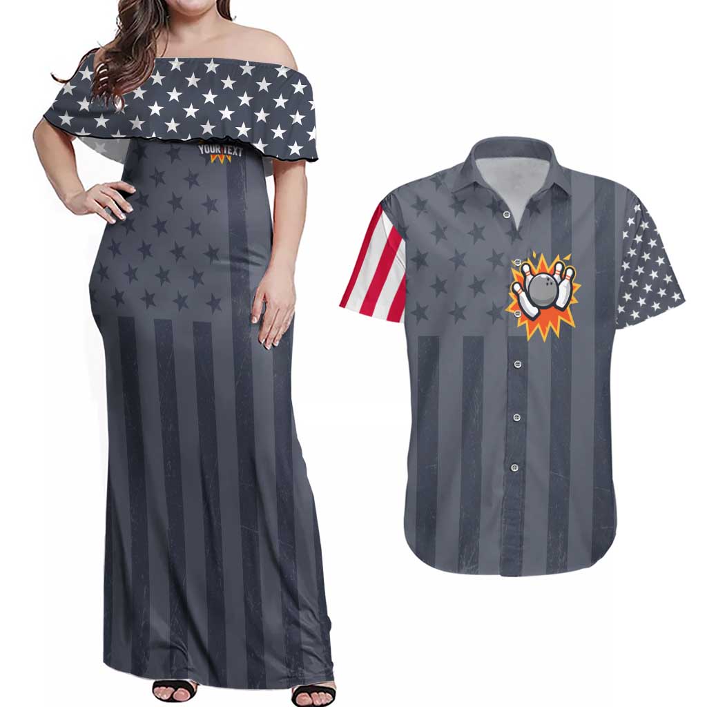 Custom Bowling Ball and Pins Couples Matching Off Shoulder Maxi Dress and Hawaiian Shirt American Flag Stars and Stripes in Grunge Patriotic - Wonder Print Shop