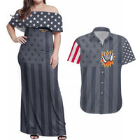 Custom Bowling Ball and Pins Couples Matching Off Shoulder Maxi Dress and Hawaiian Shirt American Flag Stars and Stripes in Grunge Patriotic - Wonder Print Shop