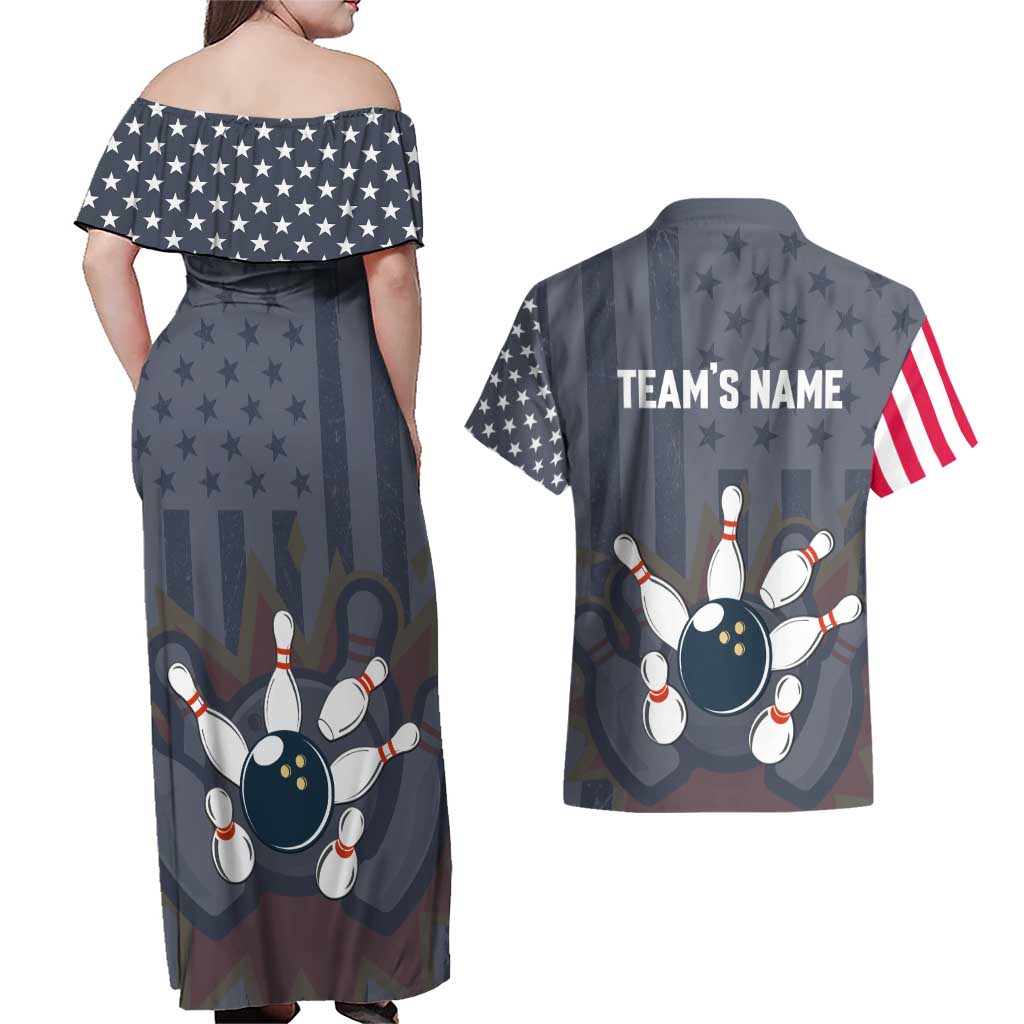 Custom Bowling Ball and Pins Couples Matching Off Shoulder Maxi Dress and Hawaiian Shirt American Flag Stars and Stripes in Grunge Patriotic - Wonder Print Shop
