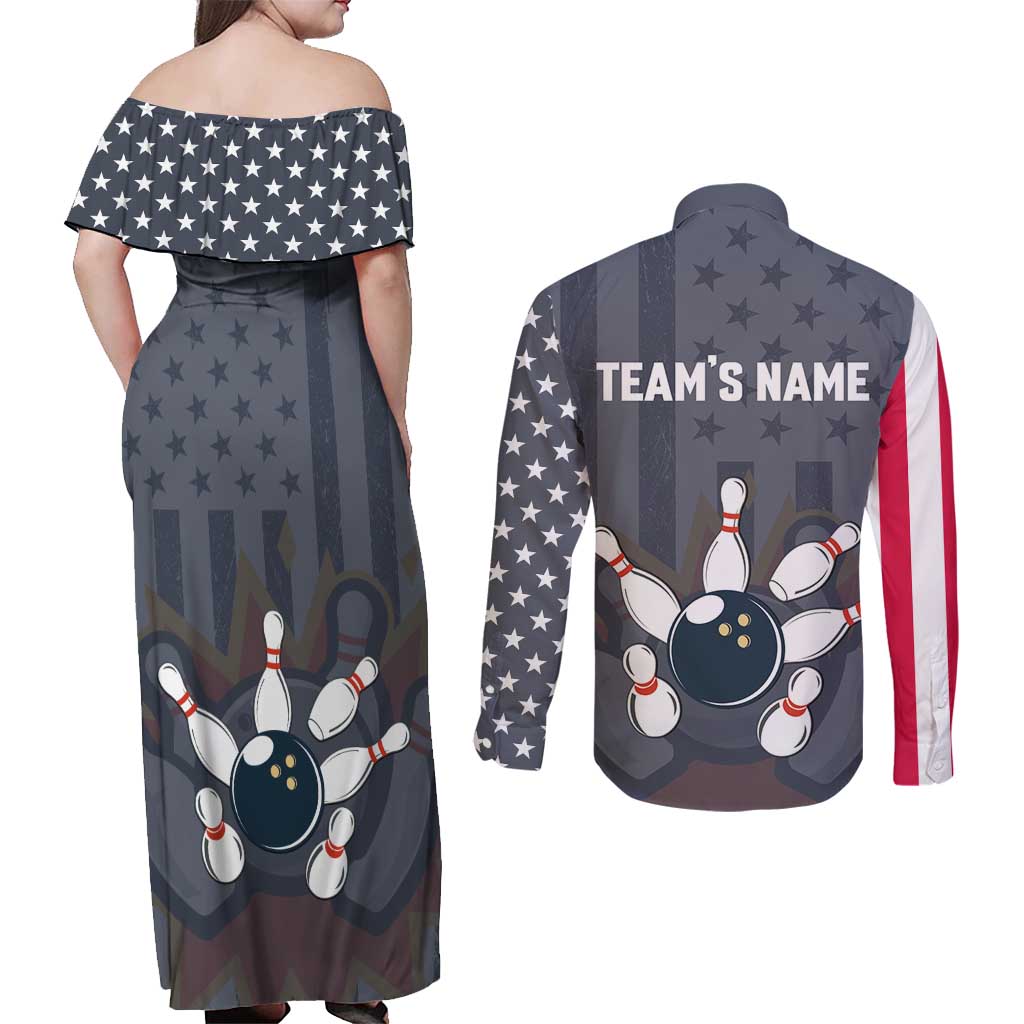 Custom Bowling Ball and Pins Couples Matching Off Shoulder Maxi Dress and Long Sleeve Button Shirt American Flag Stars and Stripes in Grunge Patriotic - Wonder Print Shop