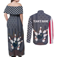 Custom Bowling Ball and Pins Couples Matching Off Shoulder Maxi Dress and Long Sleeve Button Shirt American Flag Stars and Stripes in Grunge Patriotic - Wonder Print Shop