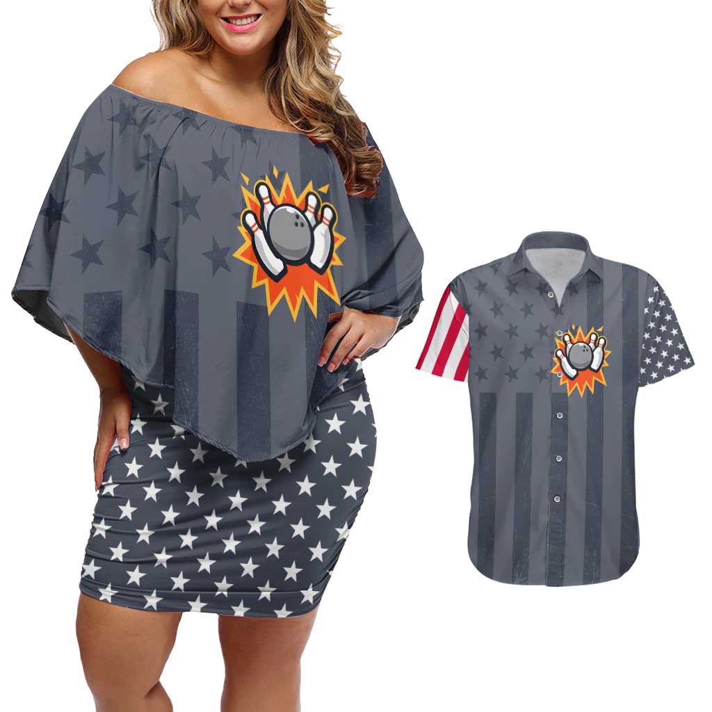Custom Bowling Ball and Pins Couples Matching Off Shoulder Short Dress and Hawaiian Shirt American Flag Stars and Stripes in Grunge Patriotic - Wonder Print Shop