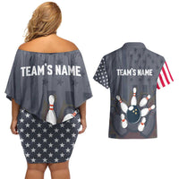 Custom Bowling Ball and Pins Couples Matching Off Shoulder Short Dress and Hawaiian Shirt American Flag Stars and Stripes in Grunge Patriotic - Wonder Print Shop