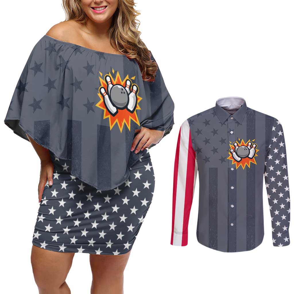 Custom Bowling Ball and Pins Couples Matching Off Shoulder Short Dress and Long Sleeve Button Shirt American Flag Stars and Stripes in Grunge Patriotic - Wonder Print Shop