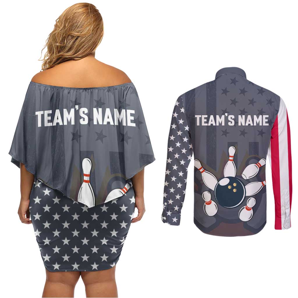 Custom Bowling Ball and Pins Couples Matching Off Shoulder Short Dress and Long Sleeve Button Shirt American Flag Stars and Stripes in Grunge Patriotic - Wonder Print Shop