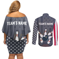 Custom Bowling Ball and Pins Couples Matching Off Shoulder Short Dress and Long Sleeve Button Shirt American Flag Stars and Stripes in Grunge Patriotic - Wonder Print Shop