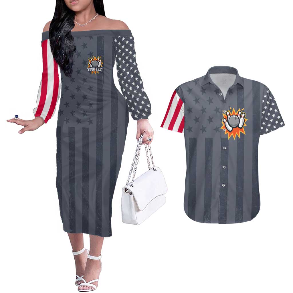 Custom Bowling Ball and Pins Couples Matching Off The Shoulder Long Sleeve Dress and Hawaiian Shirt American Flag Stars and Stripes in Grunge Patriotic - Wonder Print Shop